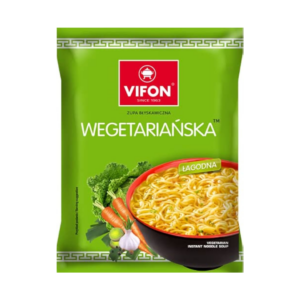 Vifon Wegetariańska instant noodle soup – green packaging with mild flavor, featuring garlic, carrots, peas, and greens.