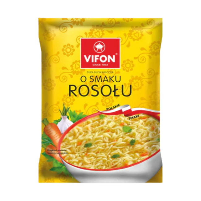 Vifon O Smaku Rosolu – yellow packaging of Polish-style chicken broth instant noodle soup with carrot, garlic, parsley, and a bowl of clear noodles.