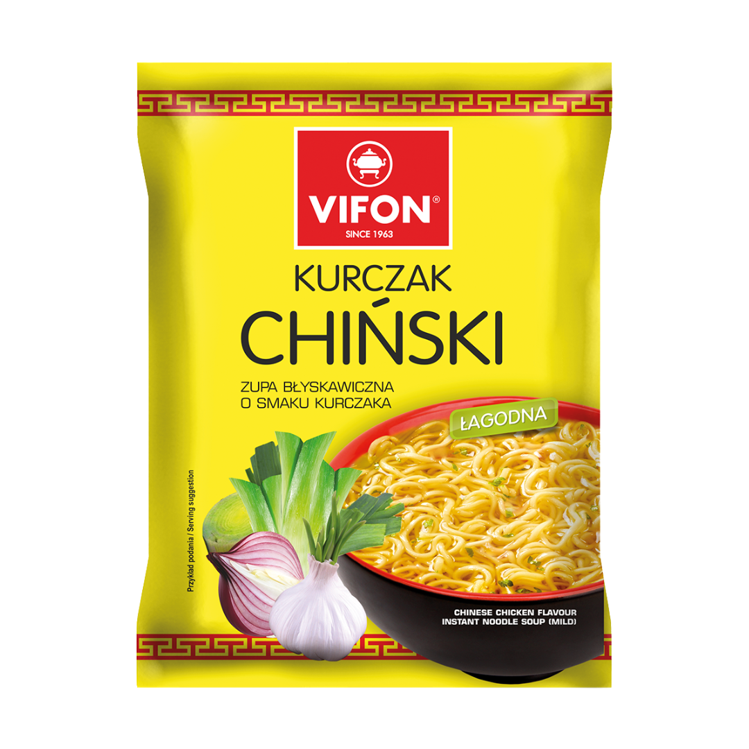 Vifon Instant Noodles Chinese Chicken Vifon Kurczak Chiński – yellow packaging of Chinese chicken instant noodle soup with spring onion, garlic, and a bowl of noodles.