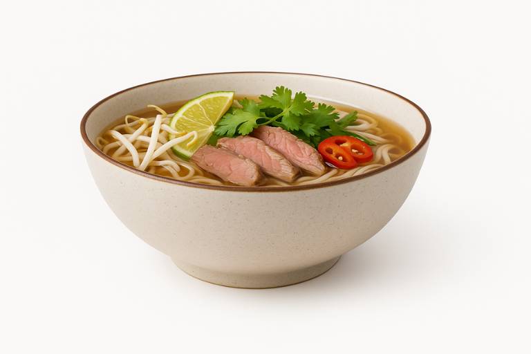 Vietnamese pho with beef, noodles, chili, lime, and herbs in a ceramic bowl – classic comfort dish full of flavor.