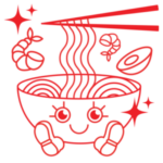 Red line-art Vifon mascot with smiling noodle bowl, chopsticks, and stars – fun brand icon for instant noodle packaging.